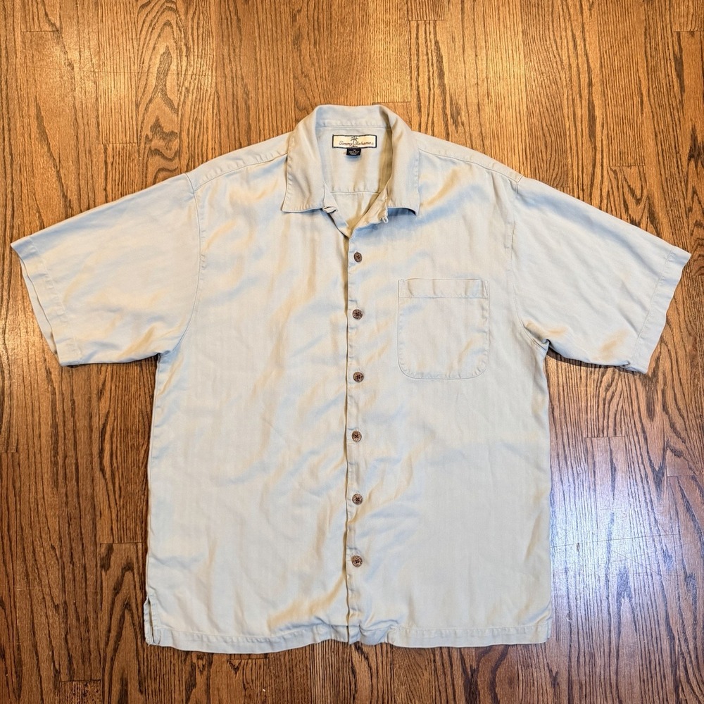 Tommy Bahama‎ Silk Herringbone Shirt M Sage Green Short Sleeve Wood Button Down